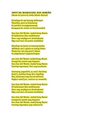 san jose del monte hymn lyrics|AWIT NG MAMAYANG SAN JOSEŇO (Music.